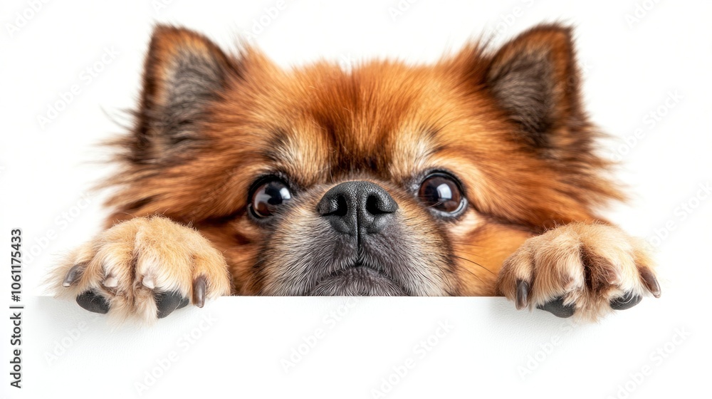 A curious dog peeking over a white surface with an expressive gaze. A curious dog peeking over a white surface with an expressive gaze.