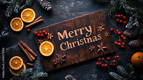 Festive Christmas Greeting with Oranges, Cinnamon, and Pine Branches photo