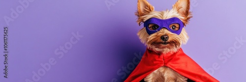 A small dog dressed as a superhero with a cape and mask against a purple background.