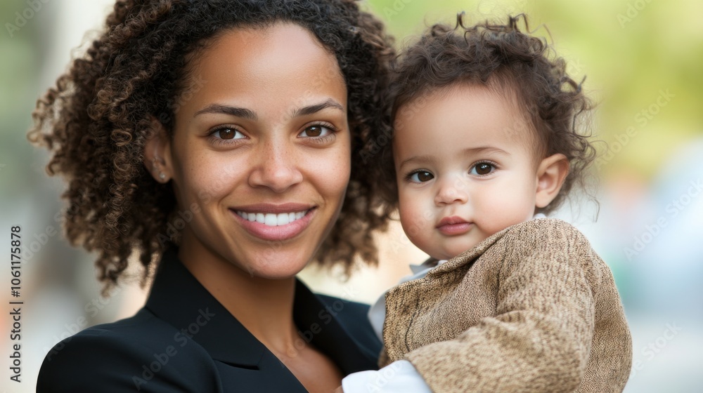 Obraz premium 緑の背景で屋外で赤ちゃんを抱く笑顔の女性