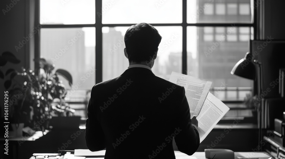 Businessman Sitting at Desk in Office Reviewing Documents Businessman Sitting at Desk in Office Reviewing Documents