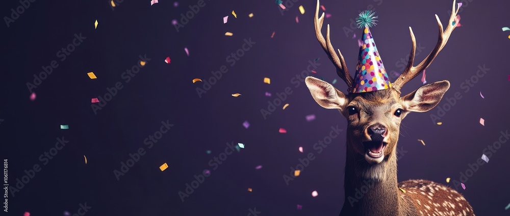 A festive deer wearing a party hat amidst colorful confetti. A festive deer wearing a party hat amidst colorful confetti.