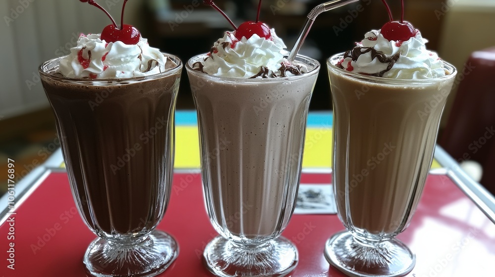 Delicious Chocolate Vanilla Strawberry Milkshake Trio with Whipped Cream and Cherry Topping in Classic Diner Setting on Red Table Delicious Chocolate Vanilla Strawberry Milkshake Trio with Whipped Cream and Cherry Topping in Classic Diner Setting on Red Table