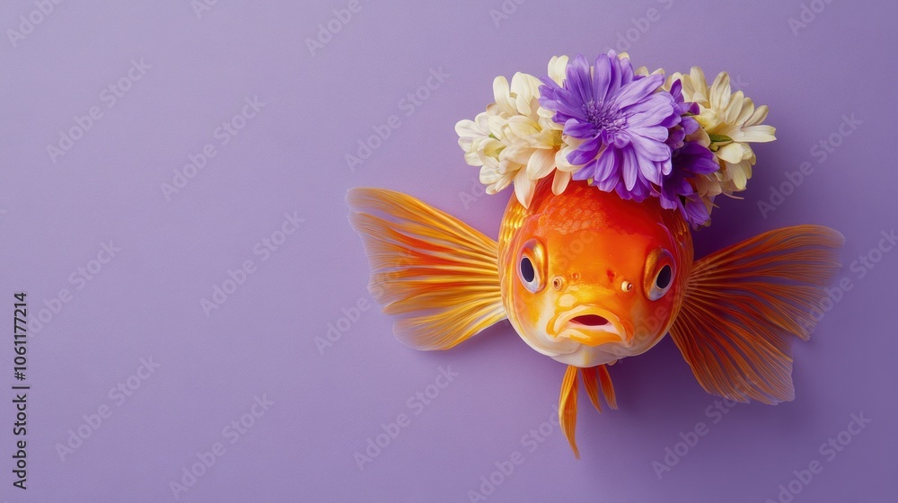 Fototapeta premium A whimsical goldfish adorned with flowers against a purple background.