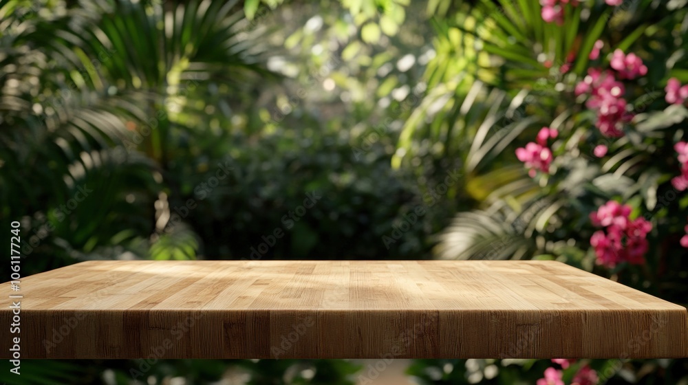 A wooden table in a lush garden with vibrant plants and flowers in the background. A wooden table in a lush garden with vibrant plants and flowers in the background.