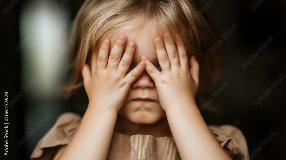 遊び心のある子供時代: 目を覆っていないいないばあをする小さな女の子 遊び心のある子供時代: 目を覆っていないいないばあをする小さな女の子