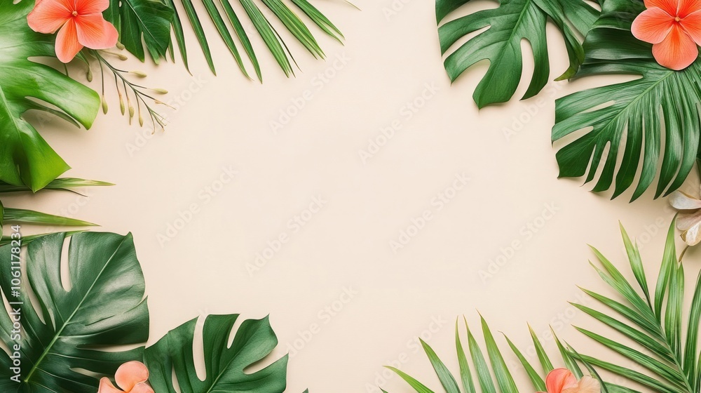 A decorative arrangement of tropical leaves and flowers on a light background. A decorative arrangement of tropical leaves and flowers on a light background.