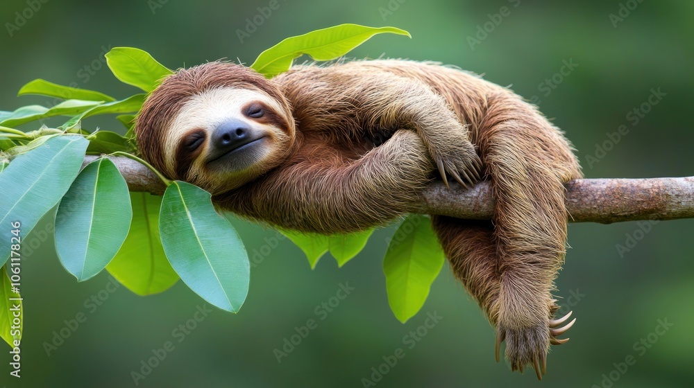Fototapeta premium A sloth relaxing on a branch surrounded by green leaves.
