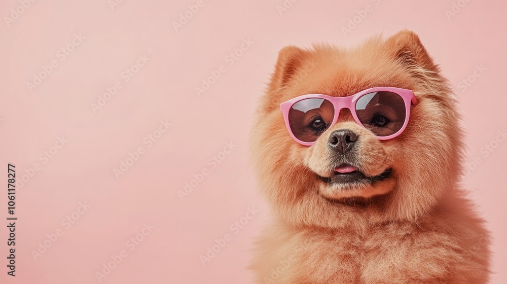 A fluffy dog wearing pink sunglasses against a pastel background. A fluffy dog wearing pink sunglasses against a pastel background.