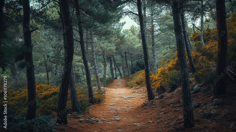 Fototapeta premium A serene forest path surrounded by trees and colorful foliage.