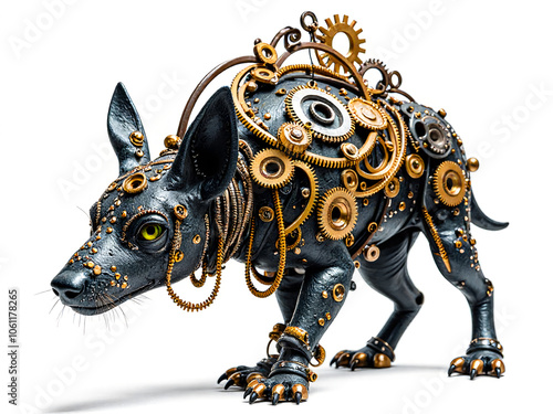 A steampunk inspired canine companion awaits your adventure, 3d rendering of character design concept. photo