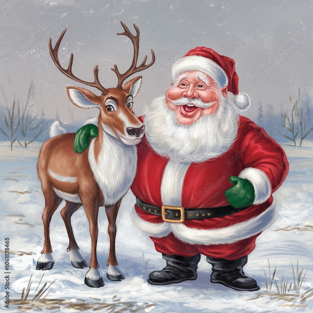 Santa Claus hugging a Christmas reindeer in the snow Santa Claus hugging a Christmas reindeer in the snow