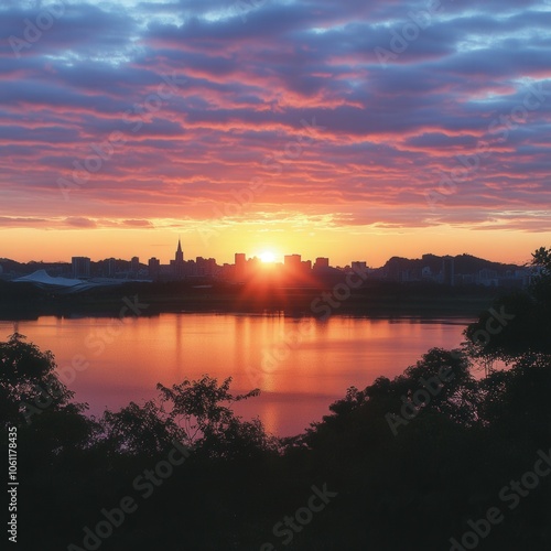 Stunning Sunset Over Lake with City Skyline, Vibrant Orange Sky, Reflections, Scenic Clouds, Tranquil Water, Silhouetted Trees, Beautiful Evening Landscape