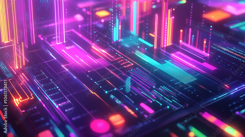 A digital landscape with glowing lines in pink, blue, and orange. The lines create a futuristic cityscape A digital landscape with glowing lines in pink, blue, and orange. The lines create a futuristic cityscape