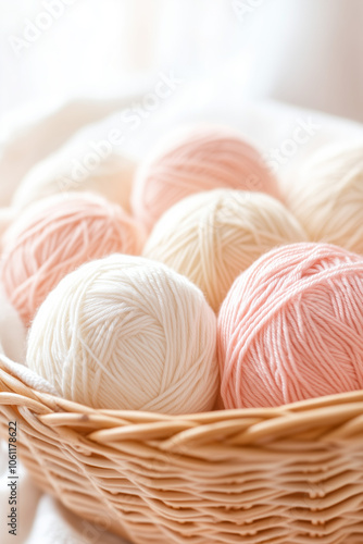 Pastel Yarn Balls in Wicker Basket in Soft Sunlight for Cozy Crafting Ambience and Handmade DIY Projects photo