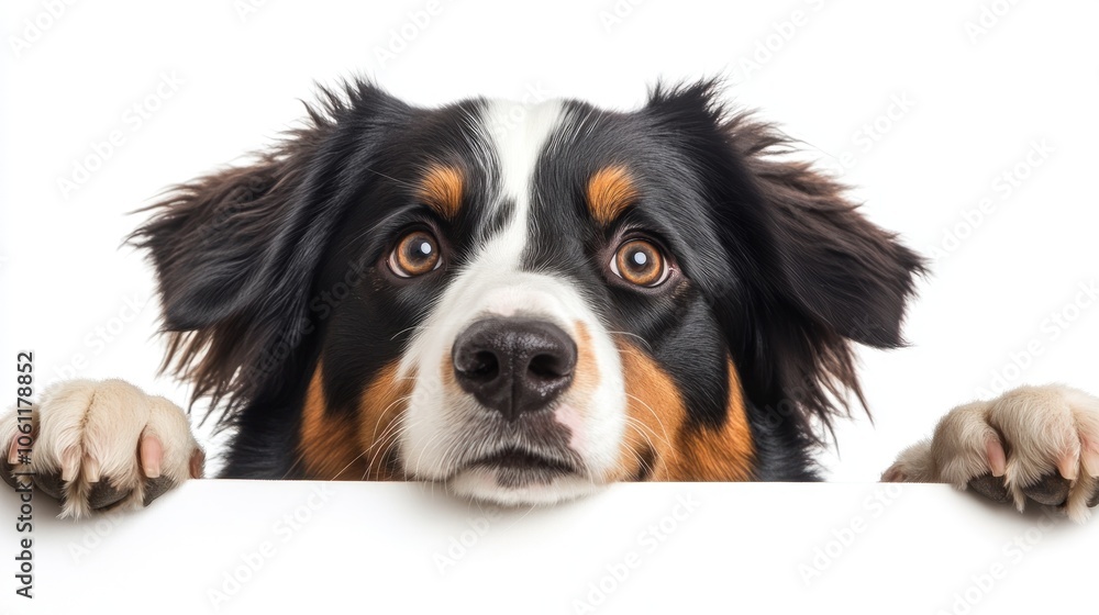 A curious dog peeks over a white surface, displaying expressive eyes and a friendly demeanor. A curious dog peeks over a white surface, displaying expressive eyes and a friendly demeanor.
