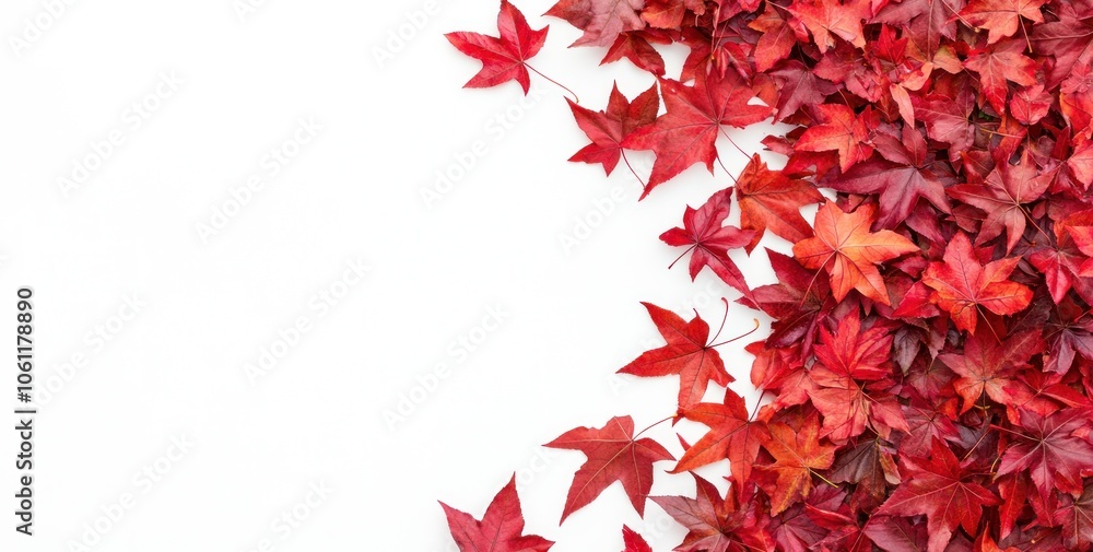 A collection of vibrant red maple leaves arranged on a white background. A collection of vibrant red maple leaves arranged on a white background.