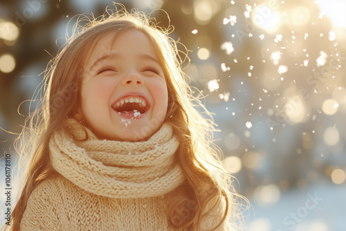 Happy Young Girl with Long Brown Hair in Cozy Cream Knit Scarf Catching Snowflakes, Wintery Forest Scene, Snowy Trees, Soft Warm Light photo