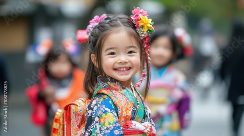 楽しいお祝い：花の髪飾りをつけた鮮やかな伝統衣装を着た笑顔の子供 photo