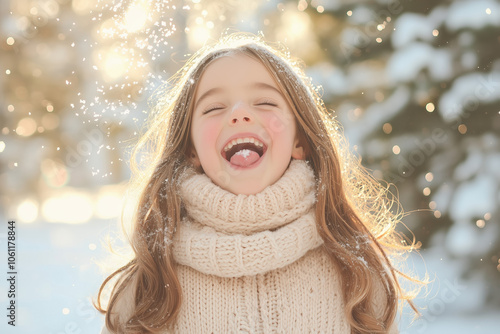 Joyful Child with Long Brown Hair Catching Snowflakes on Tongue, Wearing Cozy Cream Sweater and Scarf, Winter Scene with Snow-Covered Trees photo