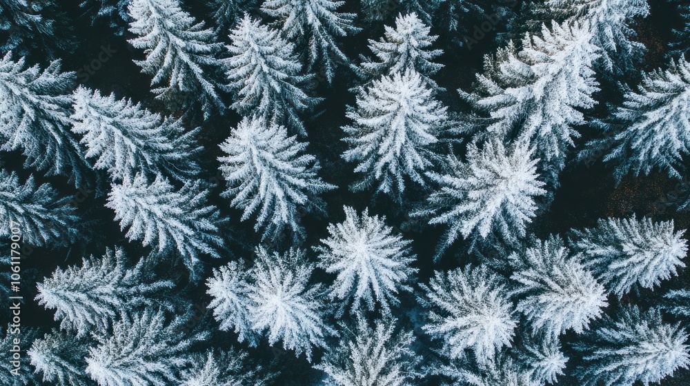 Aerial view of snow-covered evergreen trees in a forest. Aerial view of snow-covered evergreen trees in a forest.