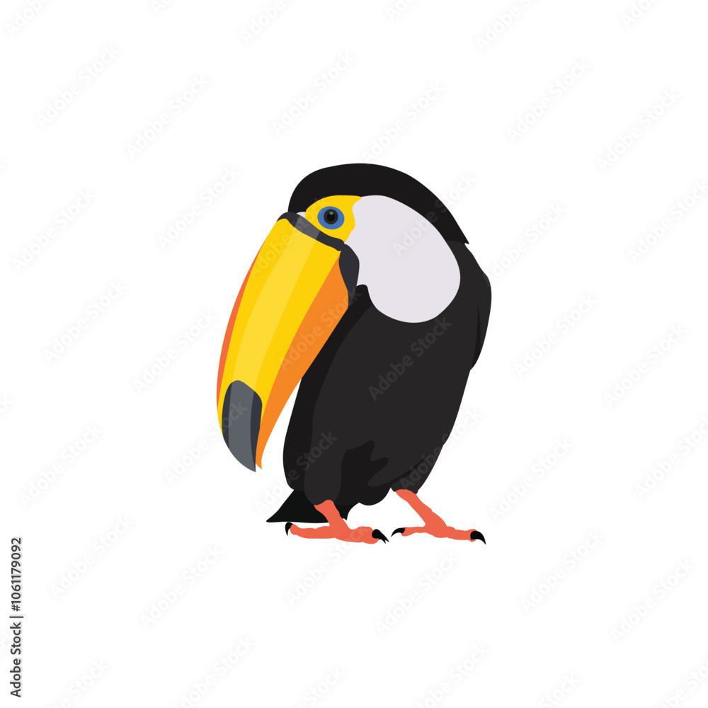 Fototapeta premium Vector illustration of toucan bird in cartoon flat style. Single colorful tropical bird wildlife animal. Pet Ramphastos toco isolated for digital resources, icon, logo, etc