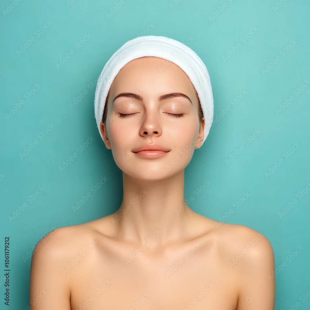 Woman with a towel on her head and closed eyes against a blue background. Woman with a towel on her head and closed eyes against a blue background.