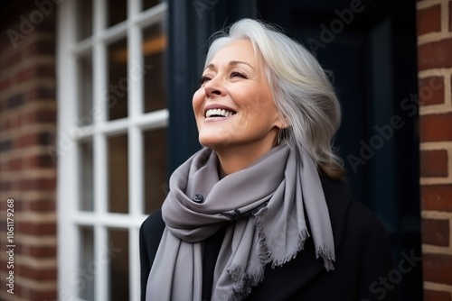 Portrait of happy senior woman with grey scarf in front of window