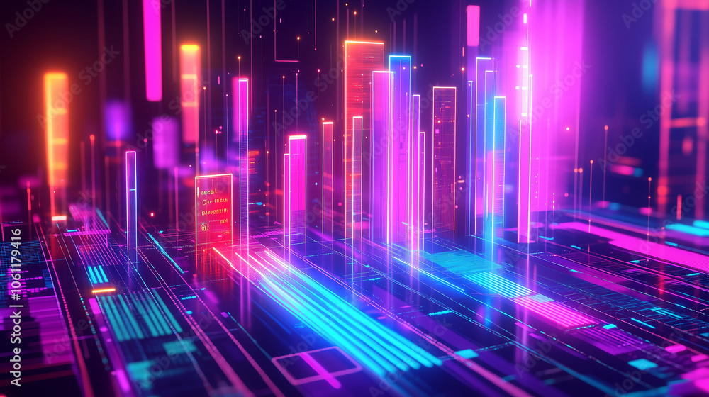 A neon city skyline shines bright with vibrant colors, casting a futuristic glow on a digital landscape A neon city skyline shines bright with vibrant colors, casting a futuristic glow on a digital landscape