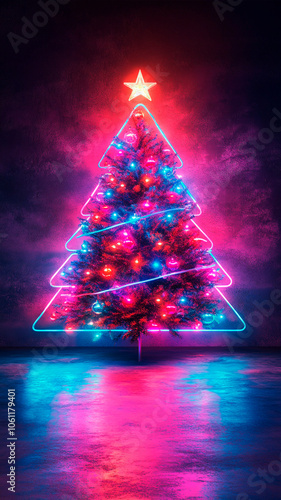 Vertical postcard Christmas tree in neon style. New Year composition in blue purple pink colors. xmas tree decorated with balls and glowing garland. Light reflects on concrete wall and floor