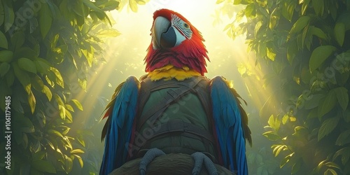 Vibrant Scarlet Macaw Parrot in Lush Jungle with Sunlight Streaming Through Leaves, Exploring Nature, Wildlife Adventure, Tropical Rainforest, Birdwatching, Photography