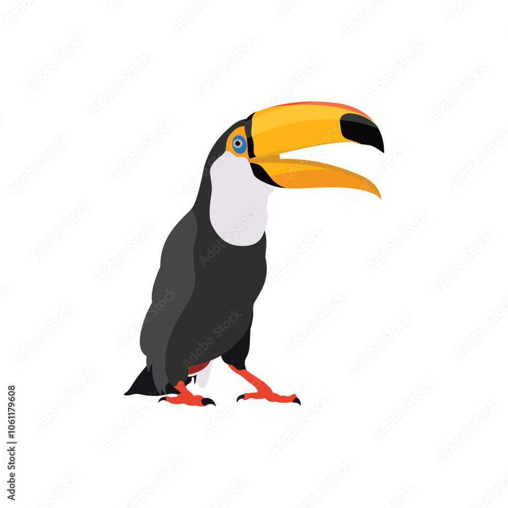 Fototapeta premium Vector illustration of toucan bird in cartoon flat style. Single colorful tropical bird wildlife animal. Pet Ramphastos toco isolated for digital resources, icon, logo, etc