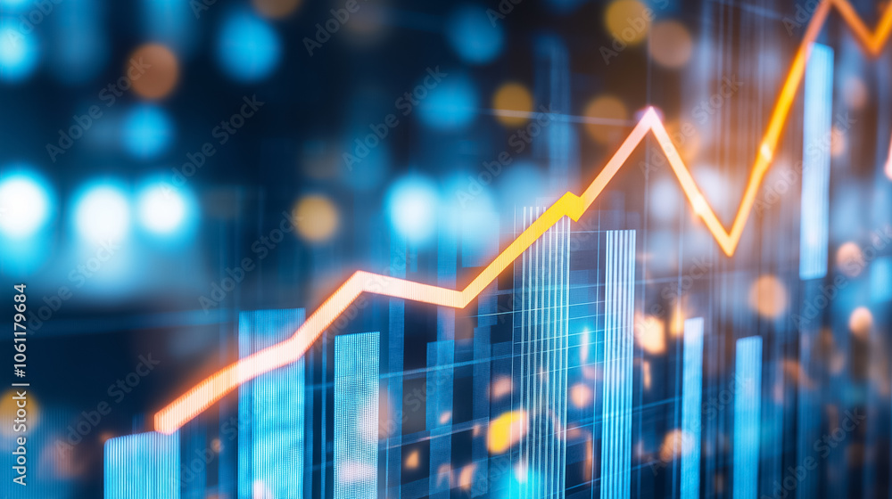 An upward trending arrow weaves through colorful bar graphs, showcasing growth in a turbulent financial environment An upward trending arrow weaves through colorful bar graphs, showcasing growth in a turbulent financial environment