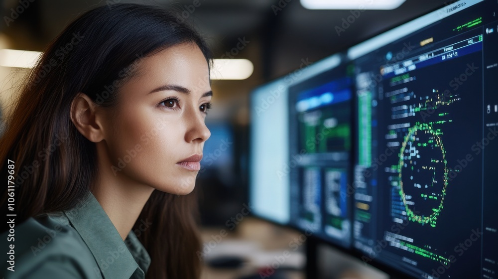 現代のオフィス環境でコンピューター画面上のデータを集中して分析する女性 現代のオフィス環境でコンピューター画面上のデータを集中して分析する女性