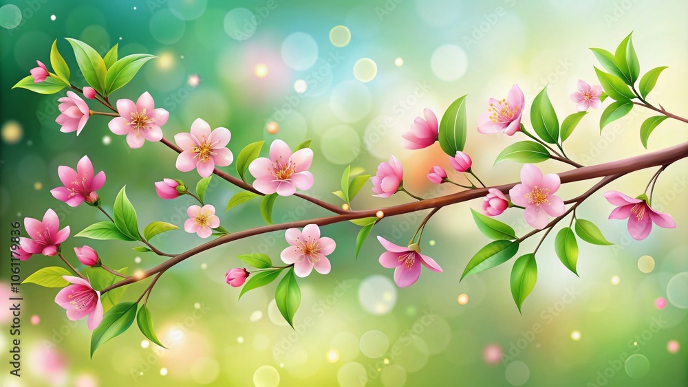 Fototapeta premium Delicate Twig with Pink Flowers and Leaves on White Background - Botanical Illustration with Bokeh Effect for Nature Lovers and Floral Art Enthusiasts