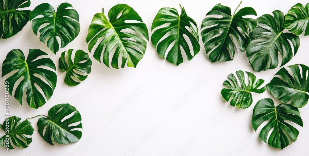 Obraz premium A collection of vibrant green monstera leaves arranged on a white background.