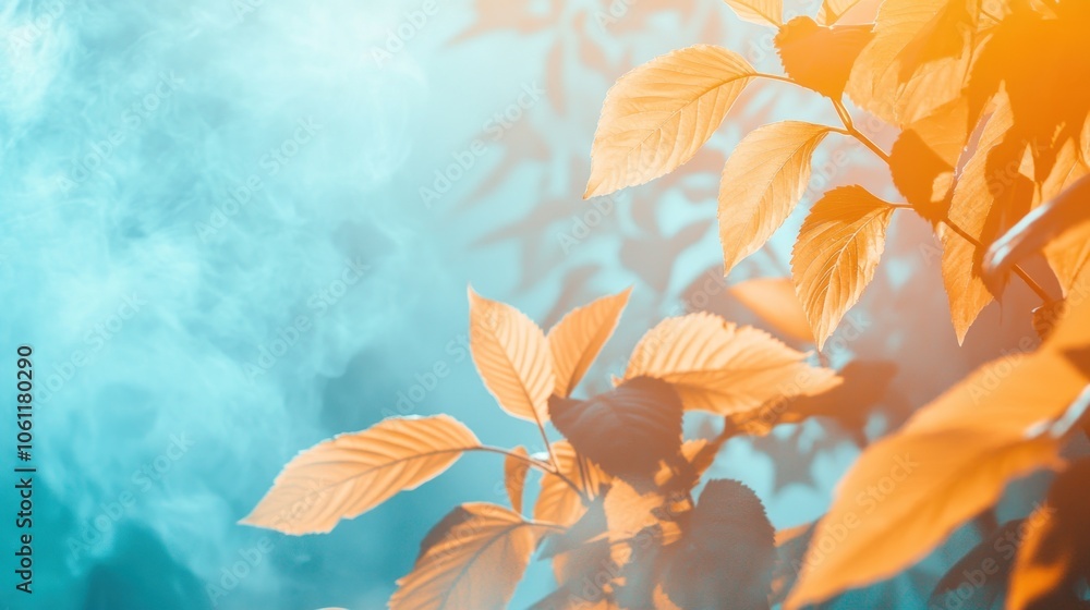 A serene composition of orange leaves against a misty blue background. A serene composition of orange leaves against a misty blue background.