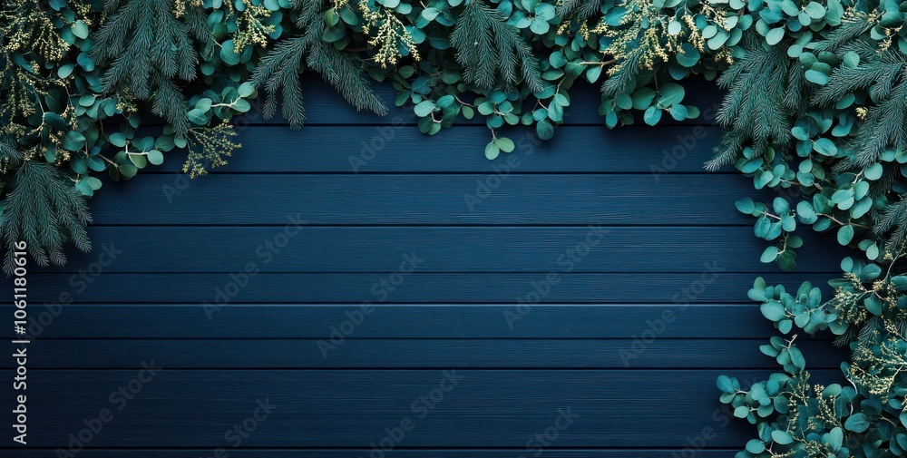 A dark blue wooden background framed by lush green foliage. A dark blue wooden background framed by lush green foliage.
