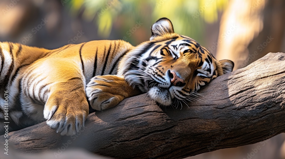 A relaxed tiger lounging on a tree branch in a natural setting. A relaxed tiger lounging on a tree branch in a natural setting.