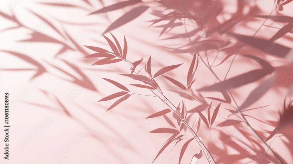 Delicate bamboo leaves casting soft shadows on a pastel background. Delicate bamboo leaves casting soft shadows on a pastel background.