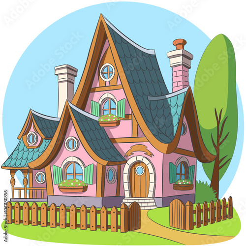 Fairytale cartoon cottage with a gable roof and a garden fence