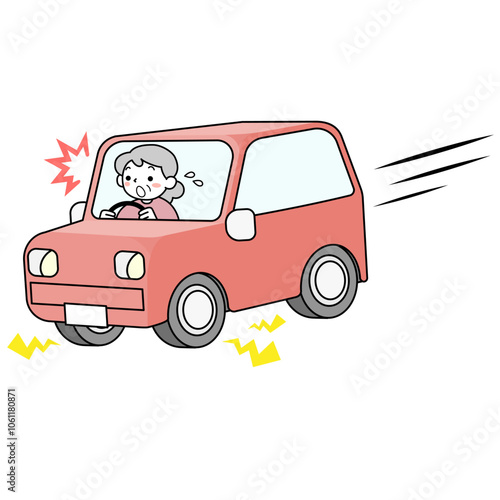車を運転中に慌てて急停車するシニア女性
