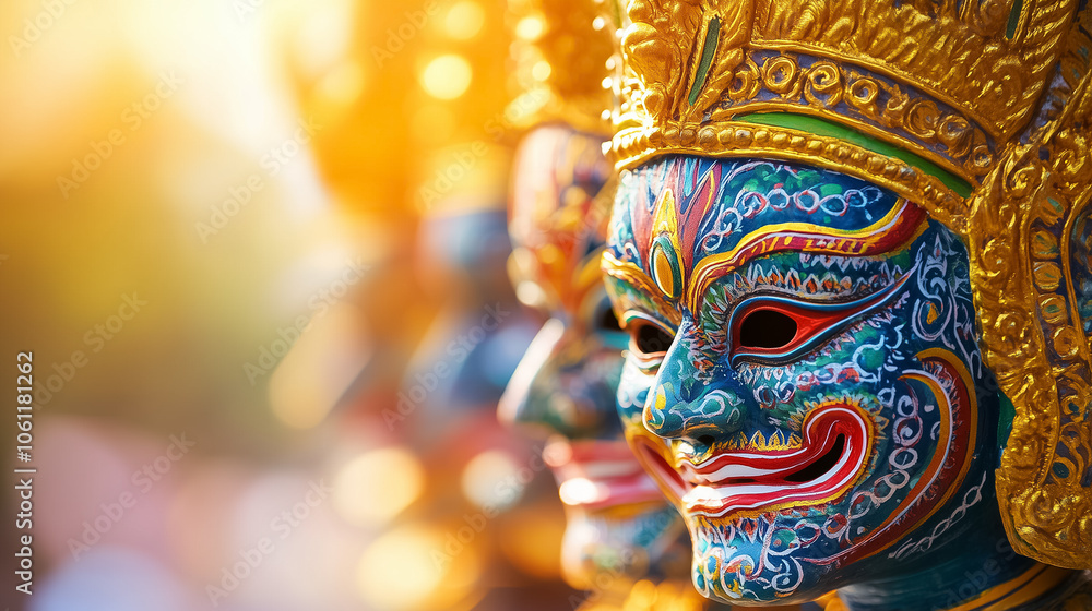 Colorful traditional masks showcase intricate designs, embodying cultural heritage during a vibrant outdoor festival