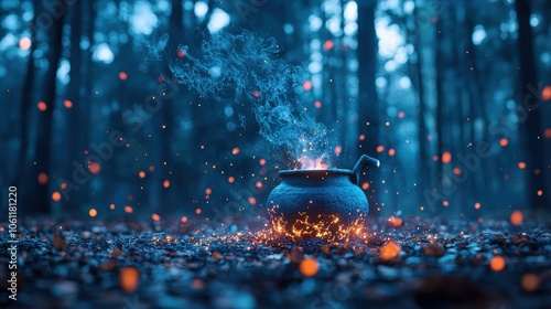 A wizened witch with a crooked nose and a pointed hat, stirring a bubbling cauldron in a dimly lit forest clearing, strange ingredients swirling within its depths. photo