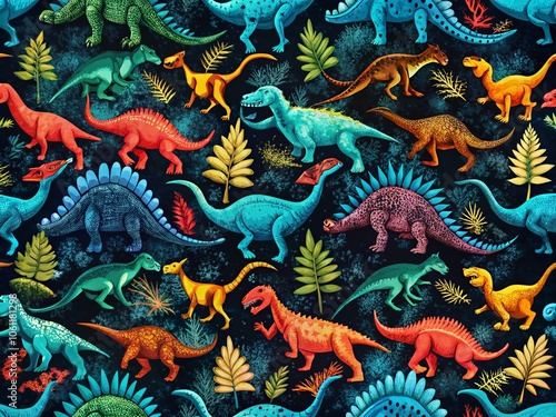 Wallpaper Mural Dinosaurs Seamless Pattern with Blue Grunge Texture on Black Background for Unique Textiles and Designs Torontodigital.ca