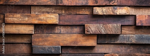 A textured arrangement of wooden planks in various shades and sizes, creating a rustic look.