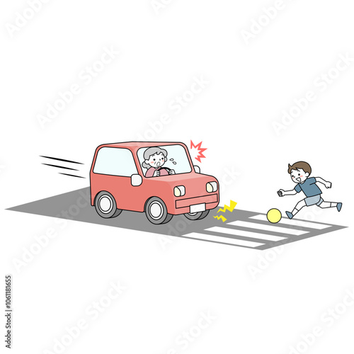 車道に飛び出す子供と急停車するシニア女性のドライバー