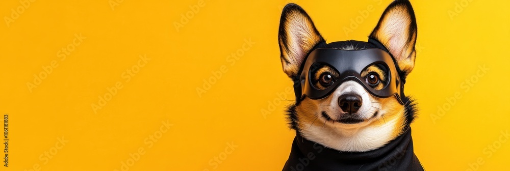 Fototapeta premium A corgi dressed as a superhero against a bright yellow background.