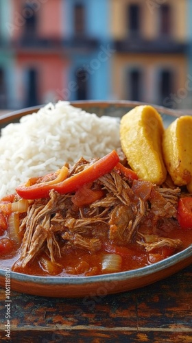 Traditional Ropa Vieja Dish with Shredded Beef, Steamed White Rice, and Golden Plantains Set Against Vibrant Cuban Background in Authentic Caribbean Cuisine photo