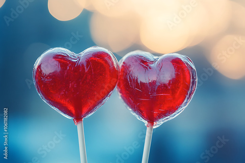 Two red sweet tasty lollipops in shape of hear photo